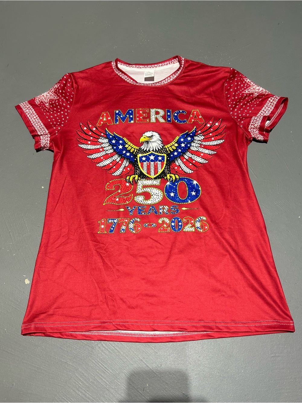 USA America 250th Anniversary Patriotic Graphic Stretchy Shirt (Women’s XL)